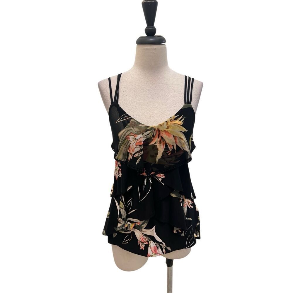 White House Black Market Women's Floral Strappy Layered Cami Tank Black XXS